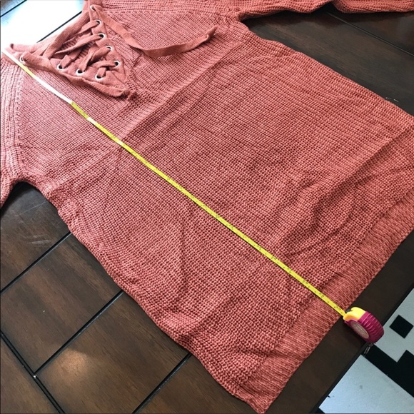 Cozy Lace up V-Neck Sweater, Burnt Orange - Picture 3 of 6